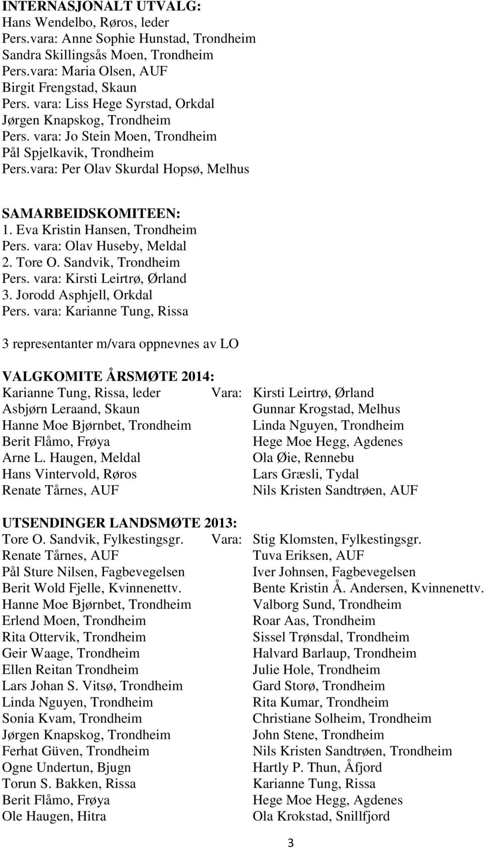 Eva Kristin Hansen, Trondheim Pers. vara: Olav Huseby, Meldal 2. Tore O. Sandvik, Trondheim Pers. vara: Kirsti Leirtrø, Ørland 3. Jorodd Asphjell, Orkdal Pers.