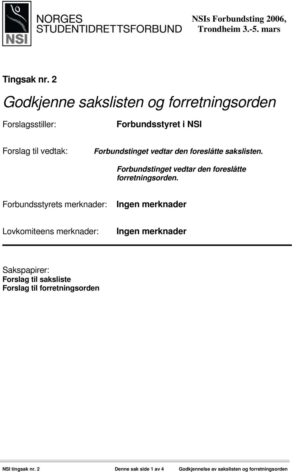 Forbundstinget vedtar den foreslåtte sakslisten. Forbundstinget vedtar den foreslåtte forretningsorden.