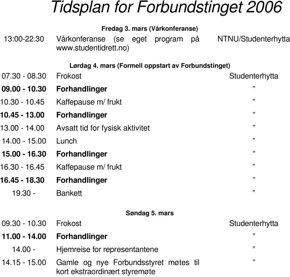 00 Avsatt tid for fysisk aktivitet 14.00-15.00 Lunch 15.00-16.30 Forhandlinger 16.30-16.45 Kaffepause m/ frukt 16.45-18.30 Forhandlinger 19.30 - Bankett Søndag 5.