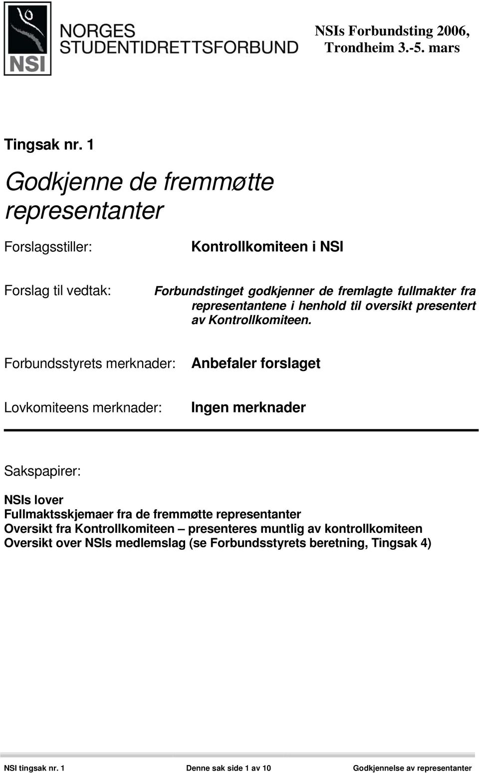 fra representantene i henhold til oversikt presentert av Kontrollkomiteen.