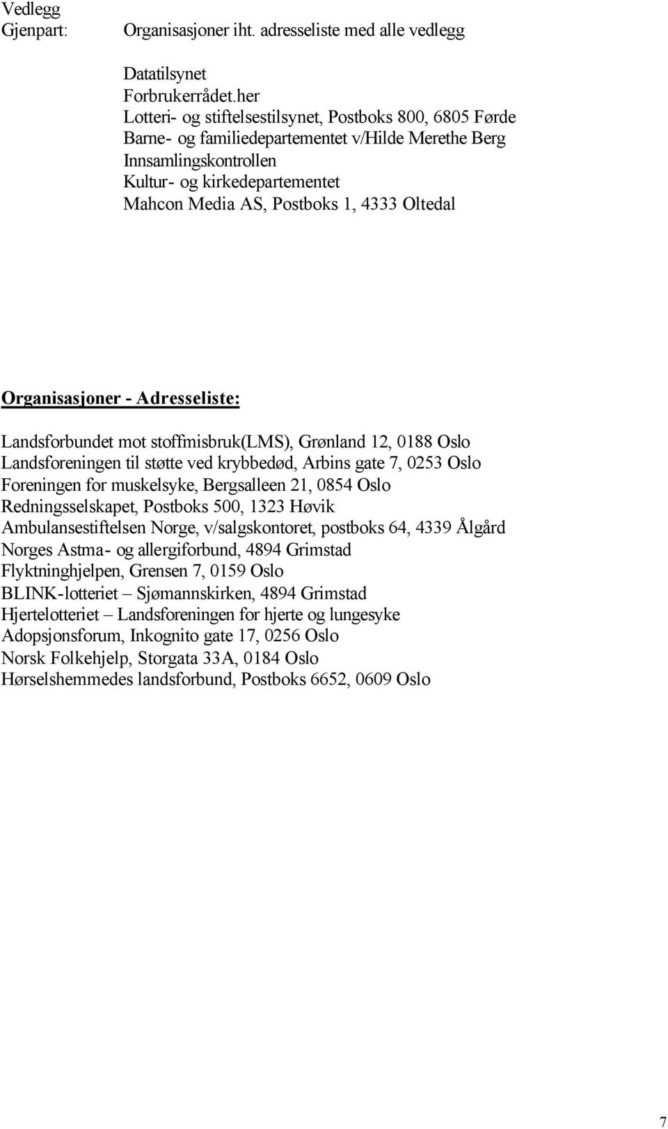 Oltedal Organisasjoner - Adresseliste: Landsforbundet mot stoffmisbruk(lms), Grønland 12, 0188 Oslo Landsforeningen til støtte ved krybbedød, Arbins gate 7, 0253 Oslo Foreningen for muskelsyke,