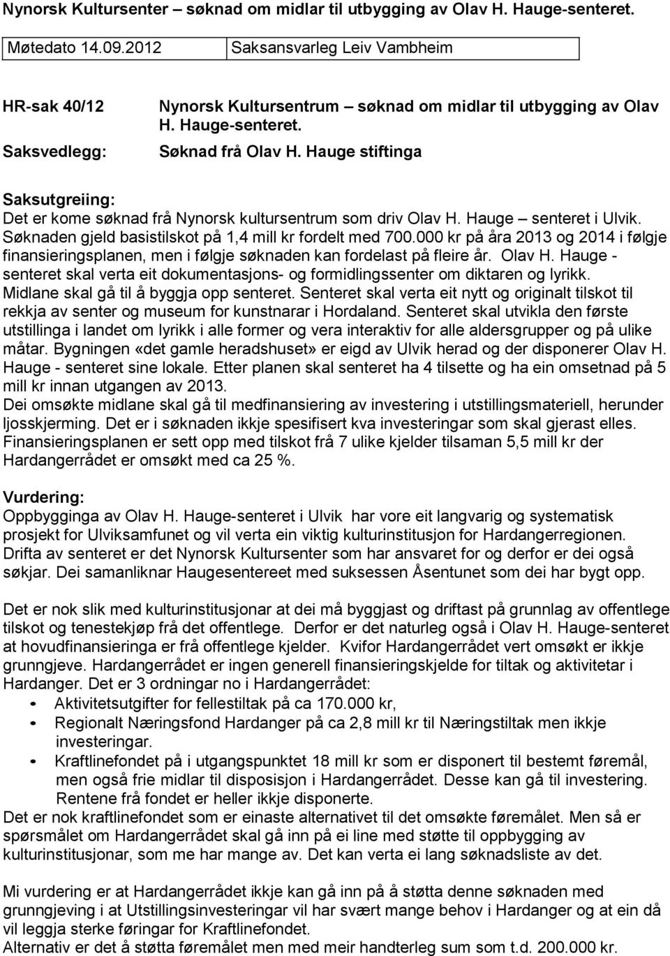 Hauge stiftinga Saksutgreiing: Det er kome søknad frå Nynorsk kultursentrum som driv Olav H. Hauge senteret i Ulvik. Søknaden gjeld basistilskot på 1,4 mill kr fordelt med 700.