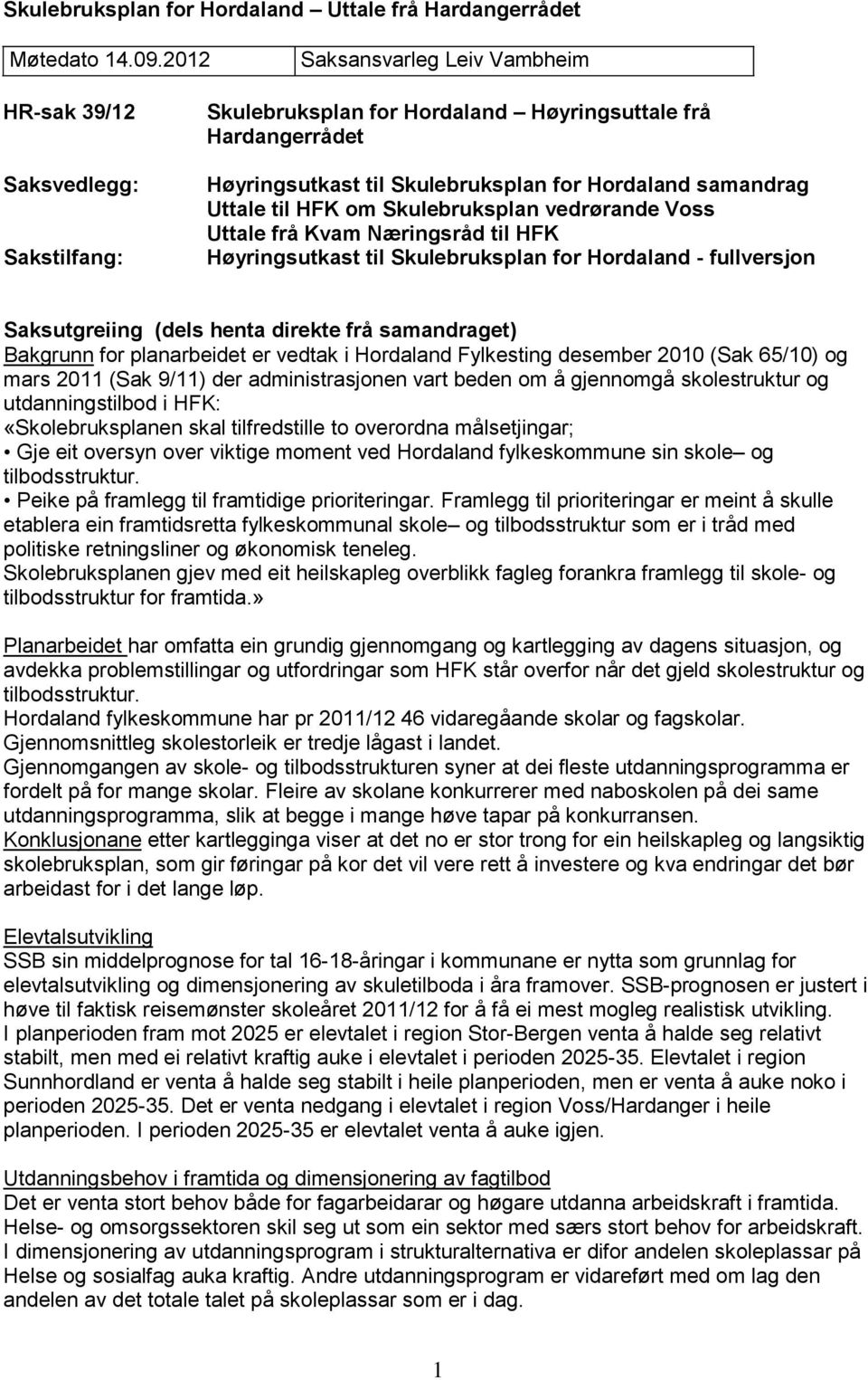 til HFK om Skulebruksplan vedrørande Voss Uttale frå Kvam Næringsråd til HFK Høyringsutkast til Skulebruksplan for Hordaland - fullversjon Saksutgreiing (dels henta direkte frå samandraget) Bakgrunn