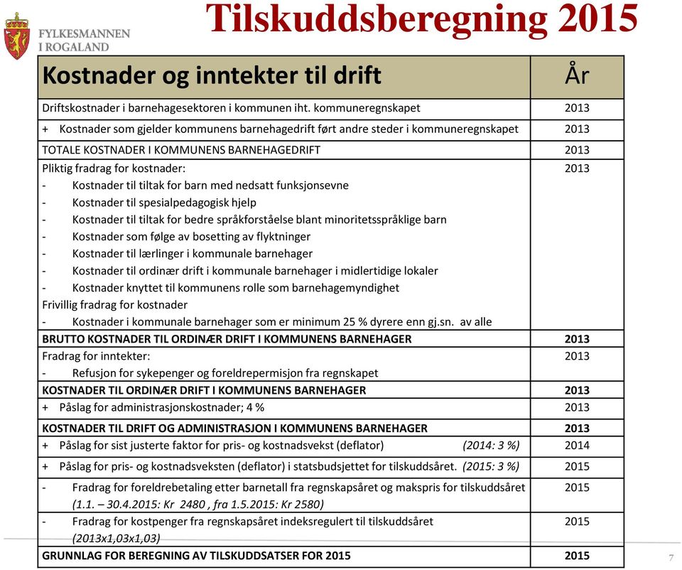 - Kostnader til tiltak for barn med nedsatt funksjonsevne - Kostnader til spesialpedagogisk hjelp - Kostnader til tiltak for bedre språkforståelse blant minoritetsspråklige barn - Kostnader som følge