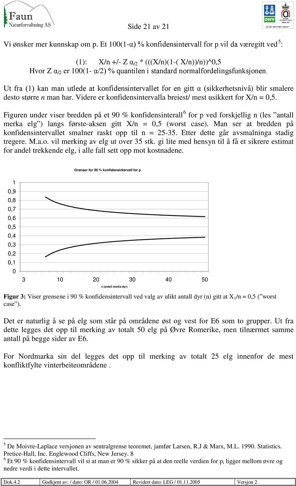 Ut fra (1) kan man utlede at konfidensintervallet for en gitt α (sikkerhetsnivå) blir smalere desto større n man har. Videre er konfidensintervalla breiest/ mest usikkert for X/n = 0,5.