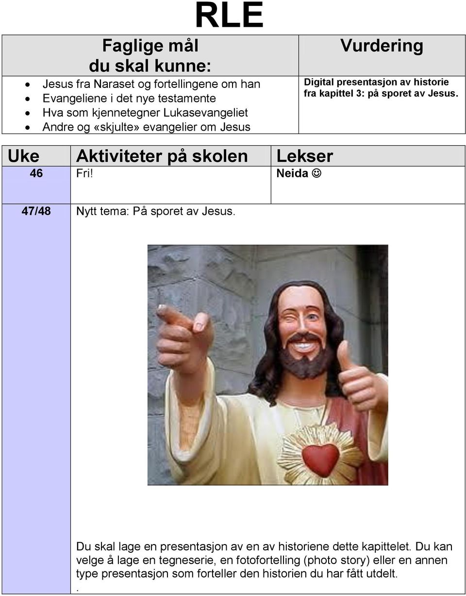 Neida / Nytt tema: På sporet av Jesus. Du skal lage en presentasjon av en av historiene dette kapittelet.