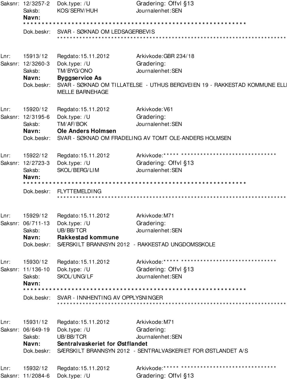 type: /U Saksb: TM/BYG/ONO Journalenhet:SEN Byggservice As MELLE BARNEHAGE Lnr: 15920/12 Regdato:15.11.2012 Arkivkode:V61 Saksnr: 12/3195-6 Dok.