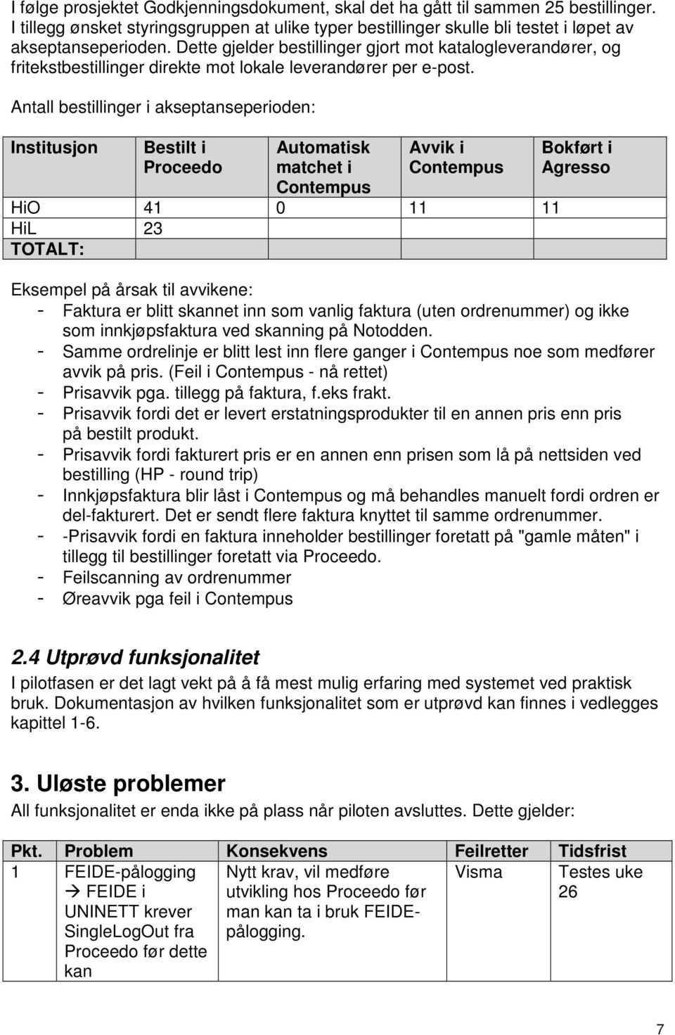 Antall bestillinger i akseptanseperioden: Institusjon Bestilt i Proceedo Automatisk matchet i Contempus Avvik i Contempus HiO 41 0 11 11 HiL 23 TOTALT: Bokført i Agresso Eksempel på årsak til