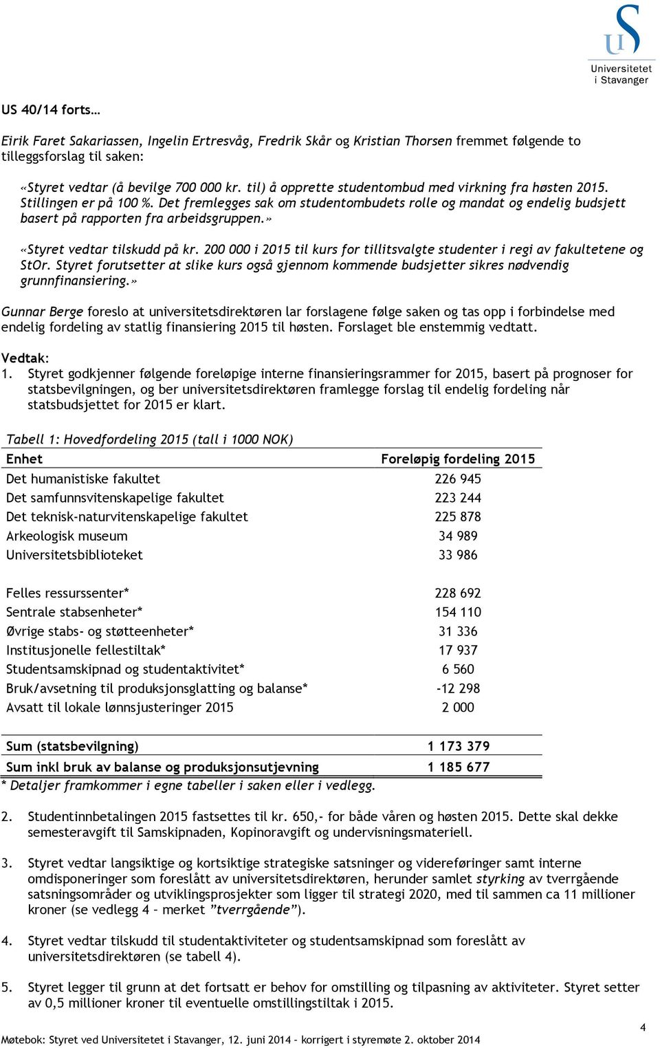 » «Styret vedtar tilskudd på kr. 200 000 i 2015 til kurs for tillitsvalgte studenter i regi av fakultetene og StOr.