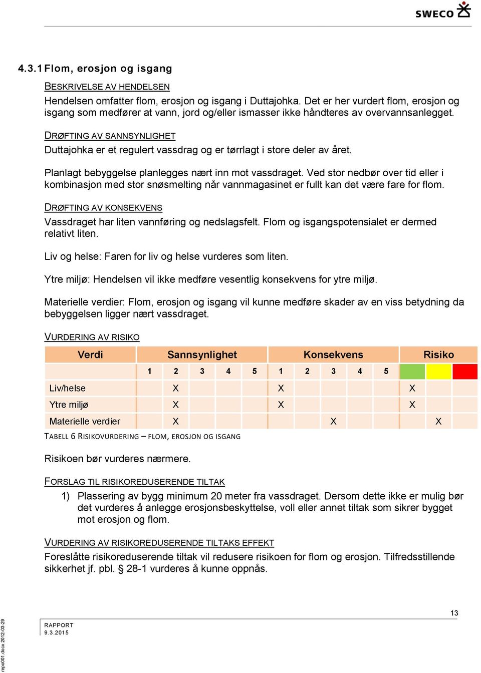 DRØFTING AV SANNSYNLIGHET Duttajohka er et regulert vassdrag og er tørrlagt i store deler av året. Planlagt bebyggelse planlegges nært inn mot vassdraget.