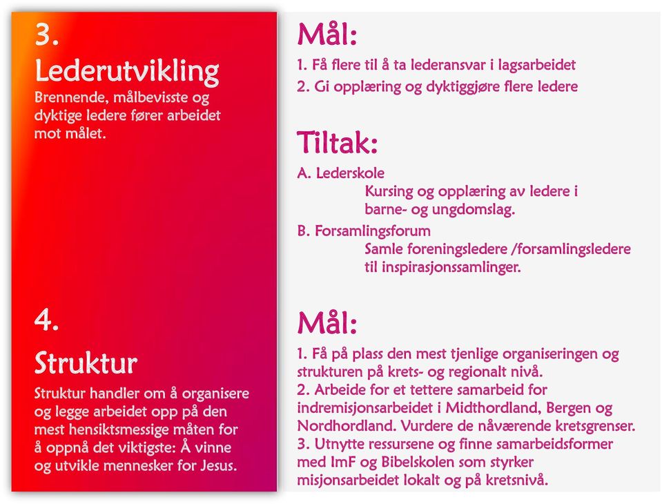 Få flere til å ta lederansvar i lagsarbeidet 2. Gi opplæring og dyktiggjøre flere ledere Tiltak: A. Lederskole Kursing og opplæring av ledere i barne- og ungdomslag. B.