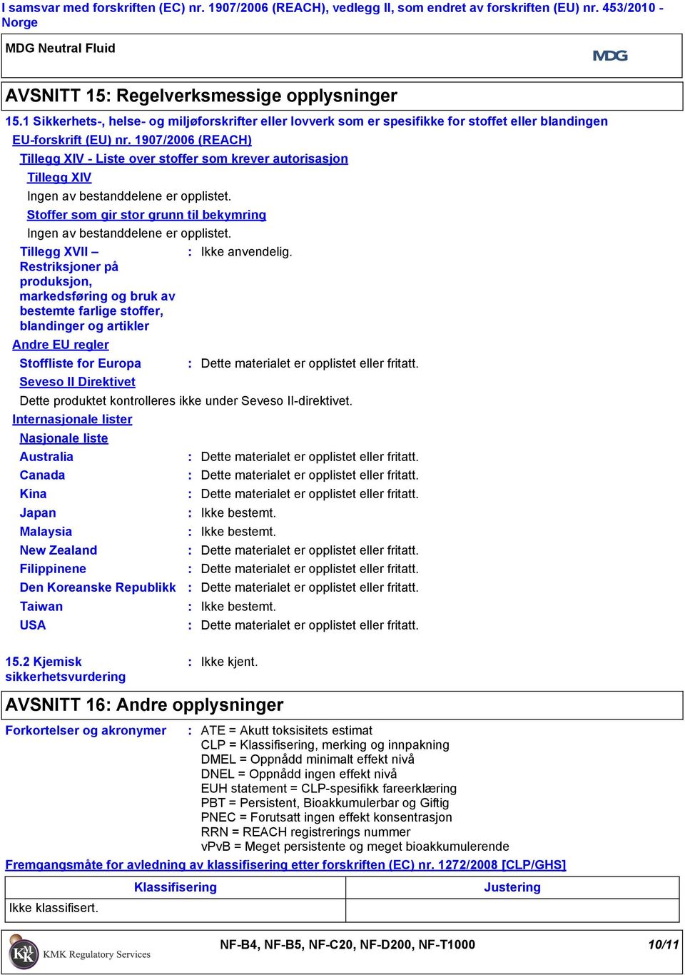 1907/2006 (REACH) Tillegg XIV Liste over stoffer som krever autorisasjon Tillegg XIV Ingen av bestanddelene er opplistet. Stoffer som gir stor grunn til bekymring Ingen av bestanddelene er opplistet.