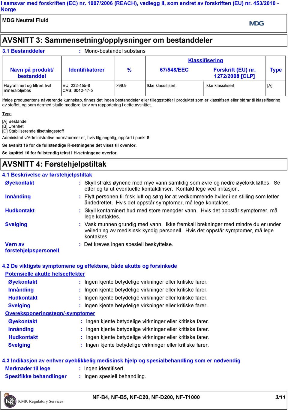 Type 1272/2008 [CLP] Høyraffinert og filtrert hvit mineraloljebas EU 2324558 >99.9 Ikke klassifisert.