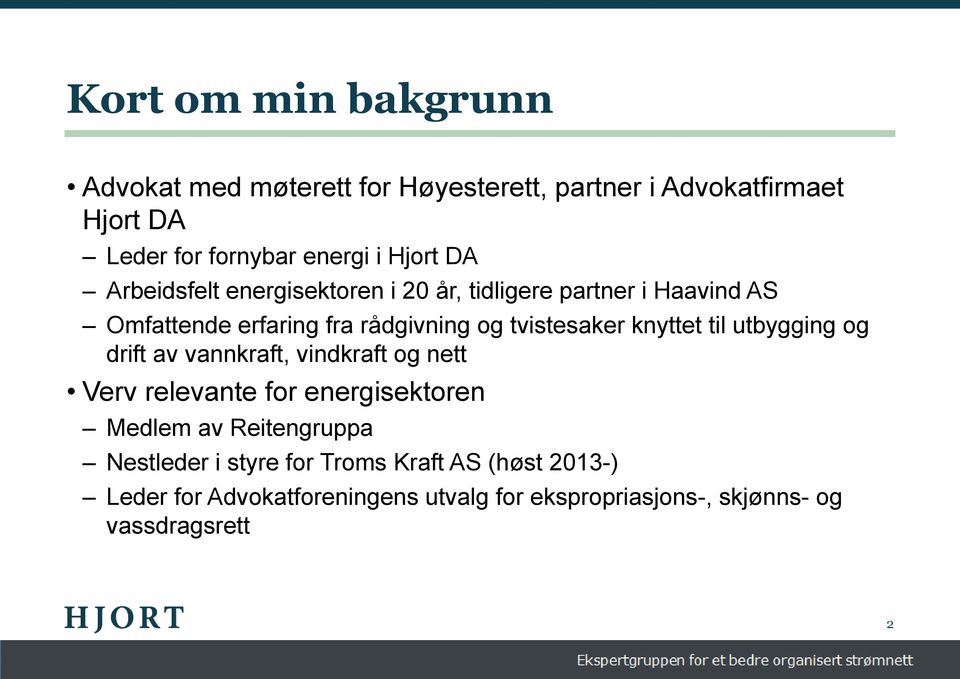 knyttet til utbygging og drift av vannkraft, vindkraft og nett Verv relevante for energisektoren Medlem av Reitengruppa