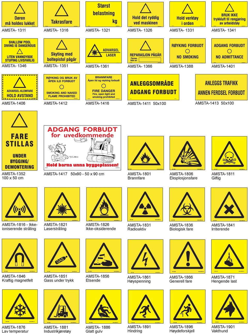 AMSTA-1801 Brannfare AMSTA-1806 Eksplosjonsfare AMSTA-1811 Giftig AMSTA-1826 Ikke-oksiderende AMSTA-1831 Radioaktiv AMSTA-1836 Biologisk fare AMSTA-1841 Irriterende AMSTA-1851 Gass under trykk