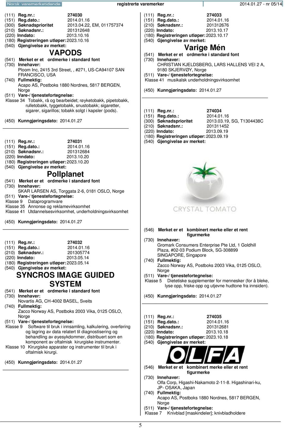 tyggetobakk, snustobakk; sigaretter, sigarer, sigarillos; tobakk solgt i kapsler (pods). (111) Reg.nr.: 274031 (151) Reg.dato.: 2014.01.16 (210) Søknadsnr.: 201312684 (220) Inndato: 2013.10.20 (180) Registreringen 2023.