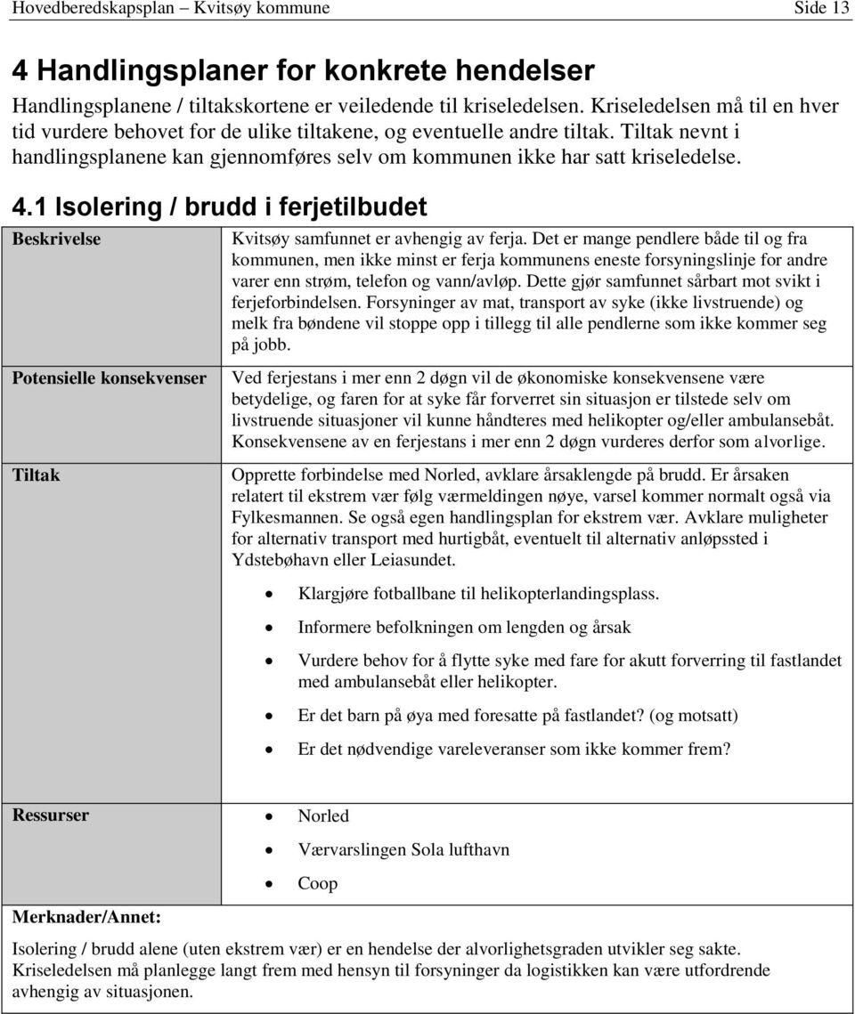 1 Isolering / brudd i ferjetilbudet Beskrivelse Kvitsøy samfunnet er avhengig av ferja.