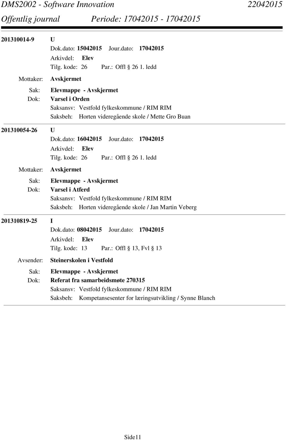 dato: 17042015 Offl 26 1. ledd Varsel i Atferd Saksbeh: Horten videregående skole / Jan Martin Veberg 201310819-25 I Dok.