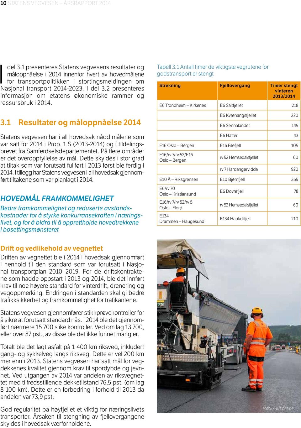 2 presenteres informasjon om etatens økonomiske rammer og ressursbruk i 2014. 3.1 Resultater og måloppnåelse 2014 Statens vegvesen har i all hovedsak nådd målene som var satt for 2014 i Prop.