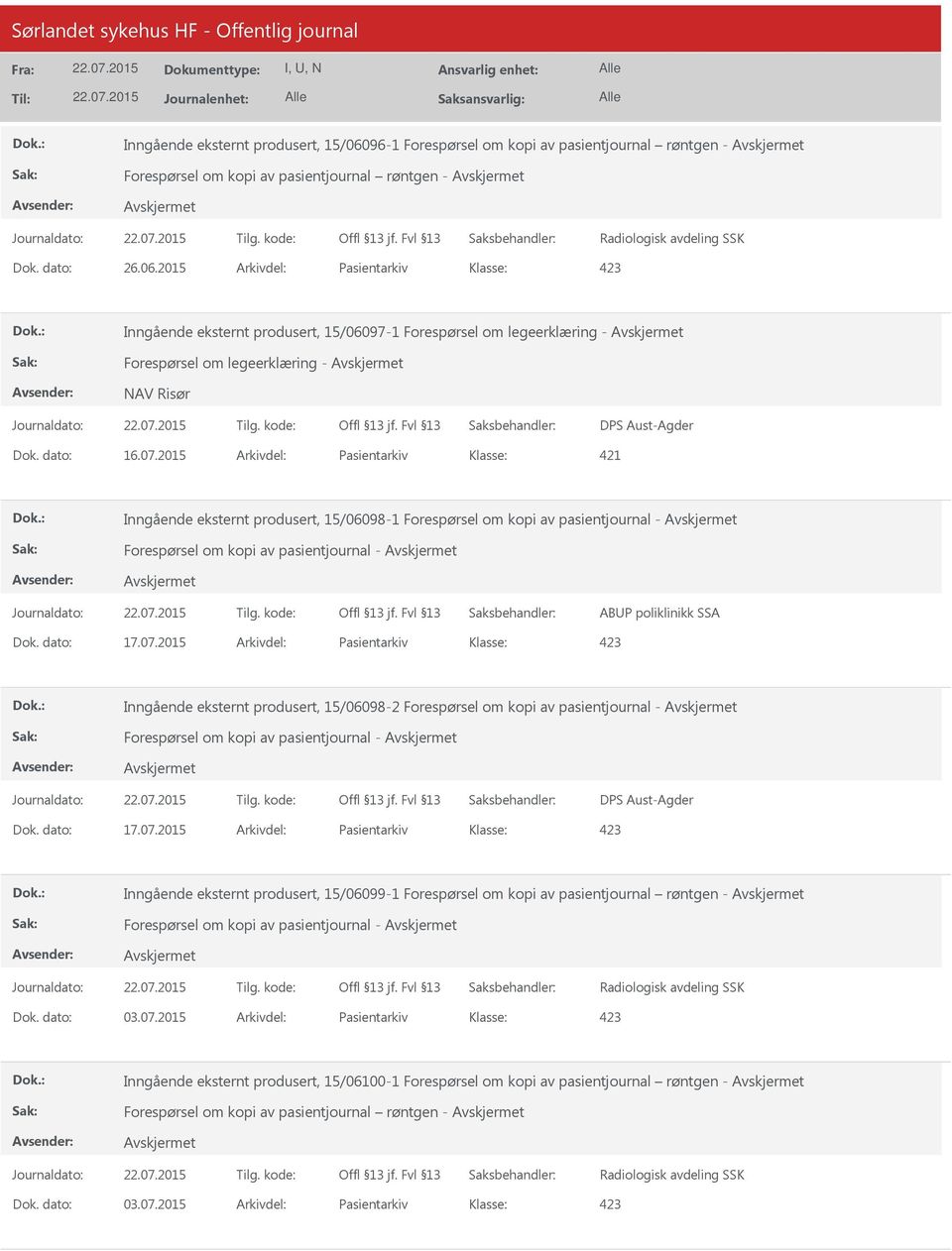 07.2015 Arkivdel: Pasientarkiv Inngående eksternt produsert, 15/06098-2 Forespørsel om kopi av pasientjournal - Forespørsel om kopi av pasientjournal - DPS Aust-Agder Dok. dato: 17.07.2015 Arkivdel: Pasientarkiv Inngående eksternt produsert, 15/06099-1 Forespørsel om kopi av pasientjournal røntgen - Forespørsel om kopi av pasientjournal - Dok.