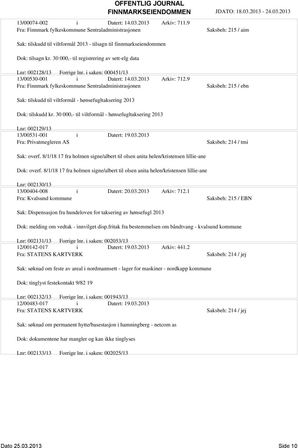 9 Fra: Finnmark fylkeskommune Sentraladministrasjonen Saksbeh: 215 / ebn Sak: tilskudd til viltformål - hønsefugltaksering 2013 Dok: tilskudd kr.