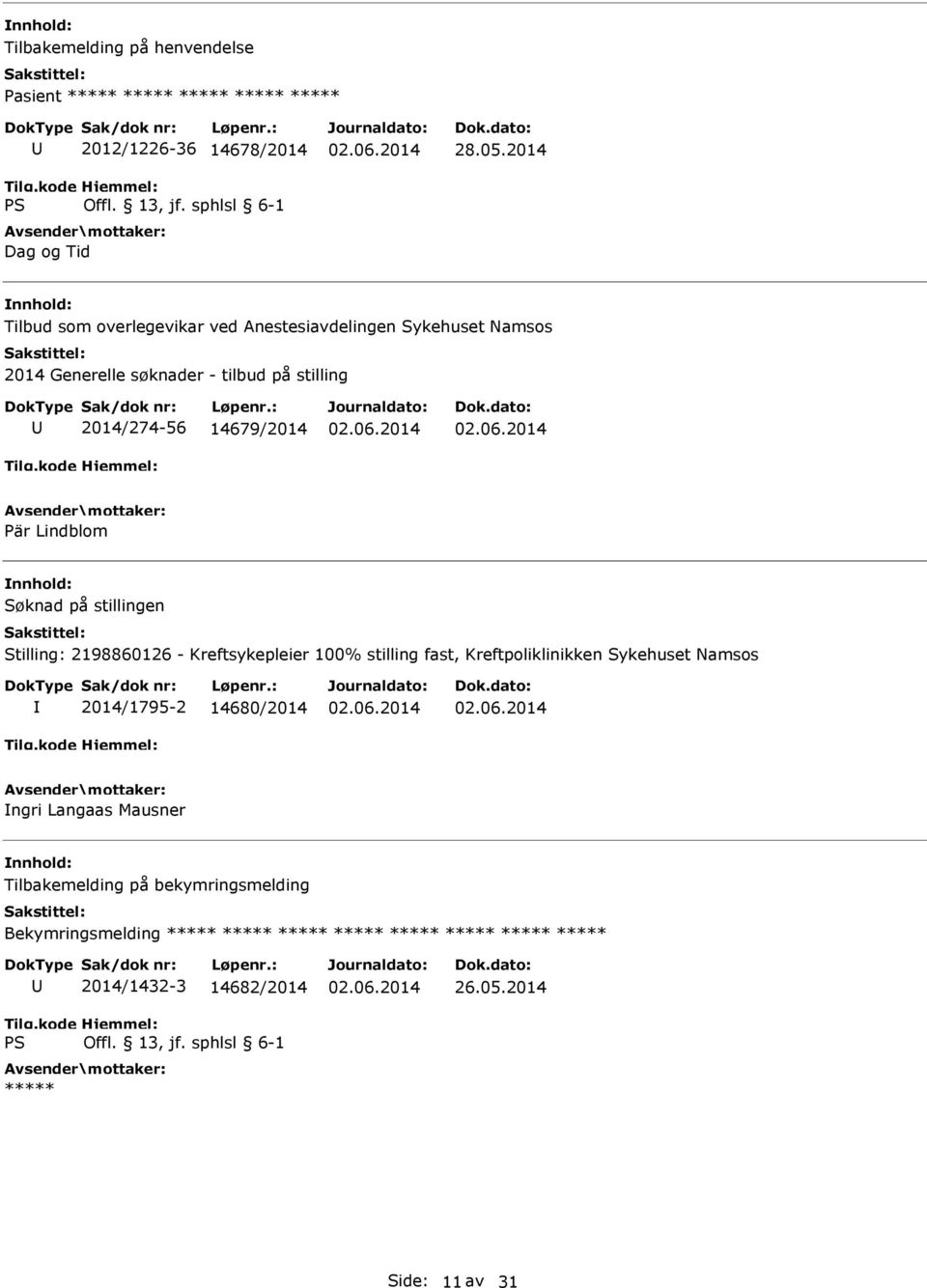 Stilling: 2198860126 - Kreftsykepleier 100% stilling fast, Kreftpoliklinikken Sykehuset Namsos 2014/1795-2 14680/2014 ngri Langaas Mausner