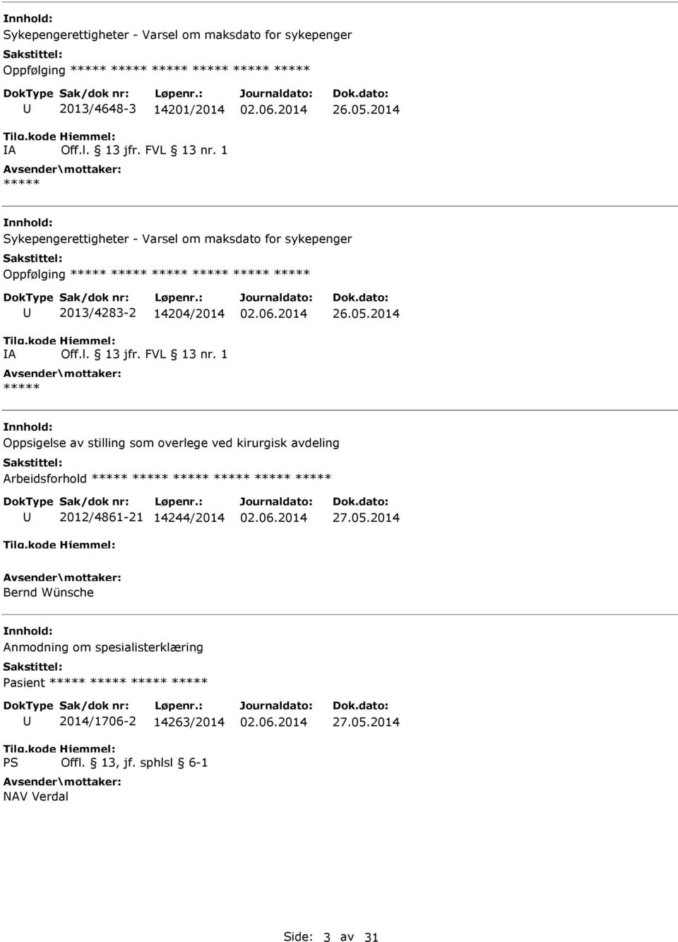 2013/4283-2 14204/2014 ***** Oppsigelse av stilling som overlege ved kirurgisk avdeling ***** 2012/4861-21 14244/2014 27.05.