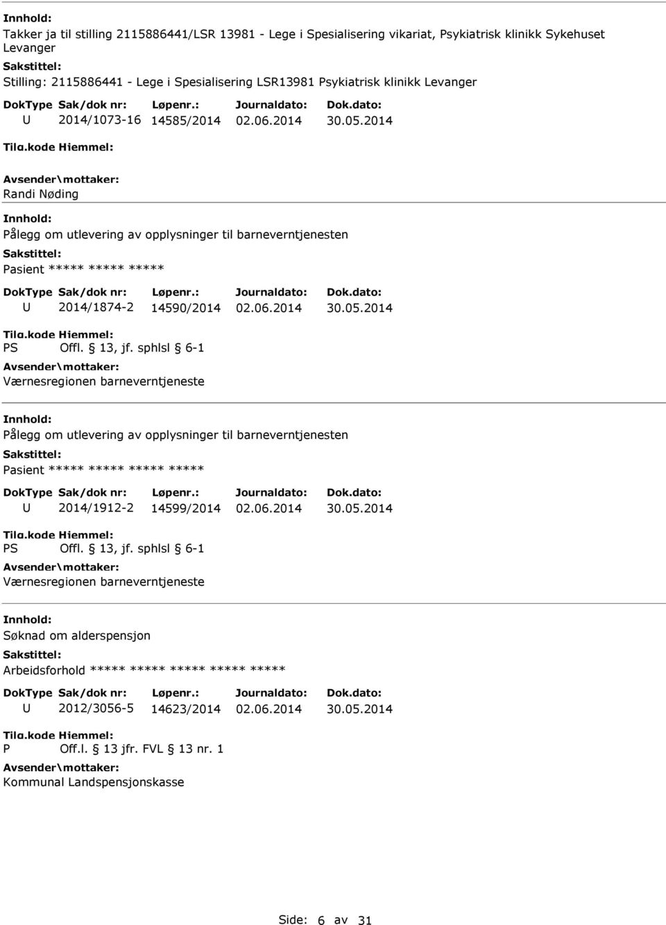 Pasient ***** ***** ***** 2014/1874-2 14590/2014 Værnesregionen barneverntjeneste Pålegg om utlevering av opplysninger til barneverntjenesten Pasient