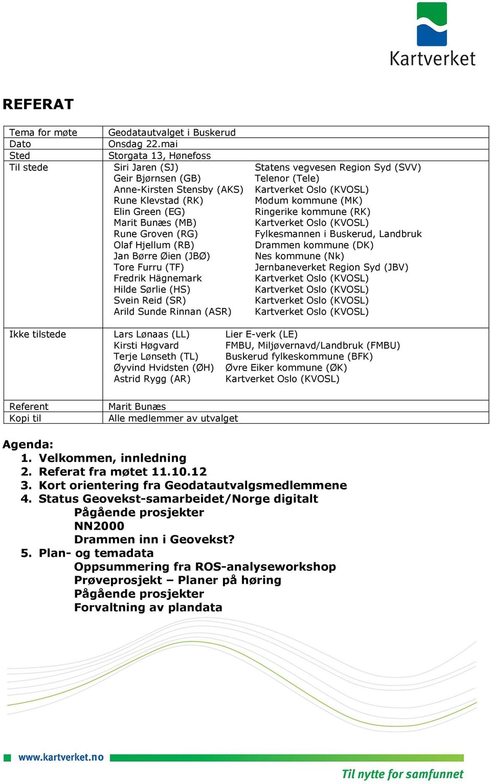 Tore Furru (TF) Fredrik Hägnemark Hilde Sørlie (HS) Svein Reid (SR) Arild Sunde Rinnan (ASR) Statens vegvesen Region Syd (SVV) Telenor (Tele) Modum kommune (MK) Ringerike kommune (RK) Fylkesmannen i