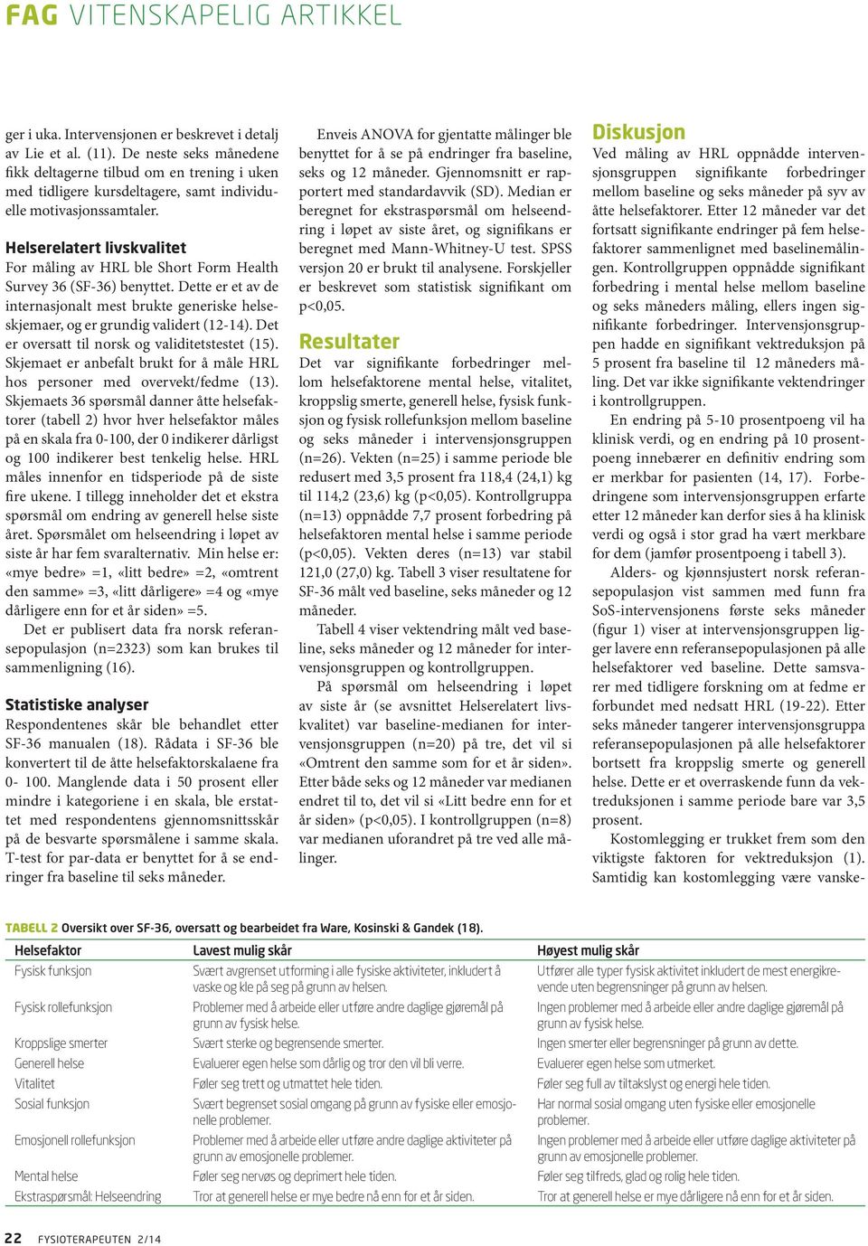 Helserelatert livskvalitet For måling av HRL ble Short Form Health Survey 36 (SF-36) benyttet. Dette er et av de internasjonalt mest brukte generiske helseskjemaer, og er grundig validert (12-14).