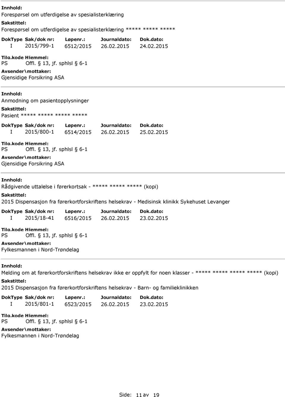 2015 Rådgivende uttalelse i førerkortsak - ***** ***** ***** (kopi) 2015 Dispensasjon fra førerkortforskriftens helsekrav - Medisinsk klinikk Sykehuset Levanger 2015/18-41 6516/2015 Fylkesmannen i