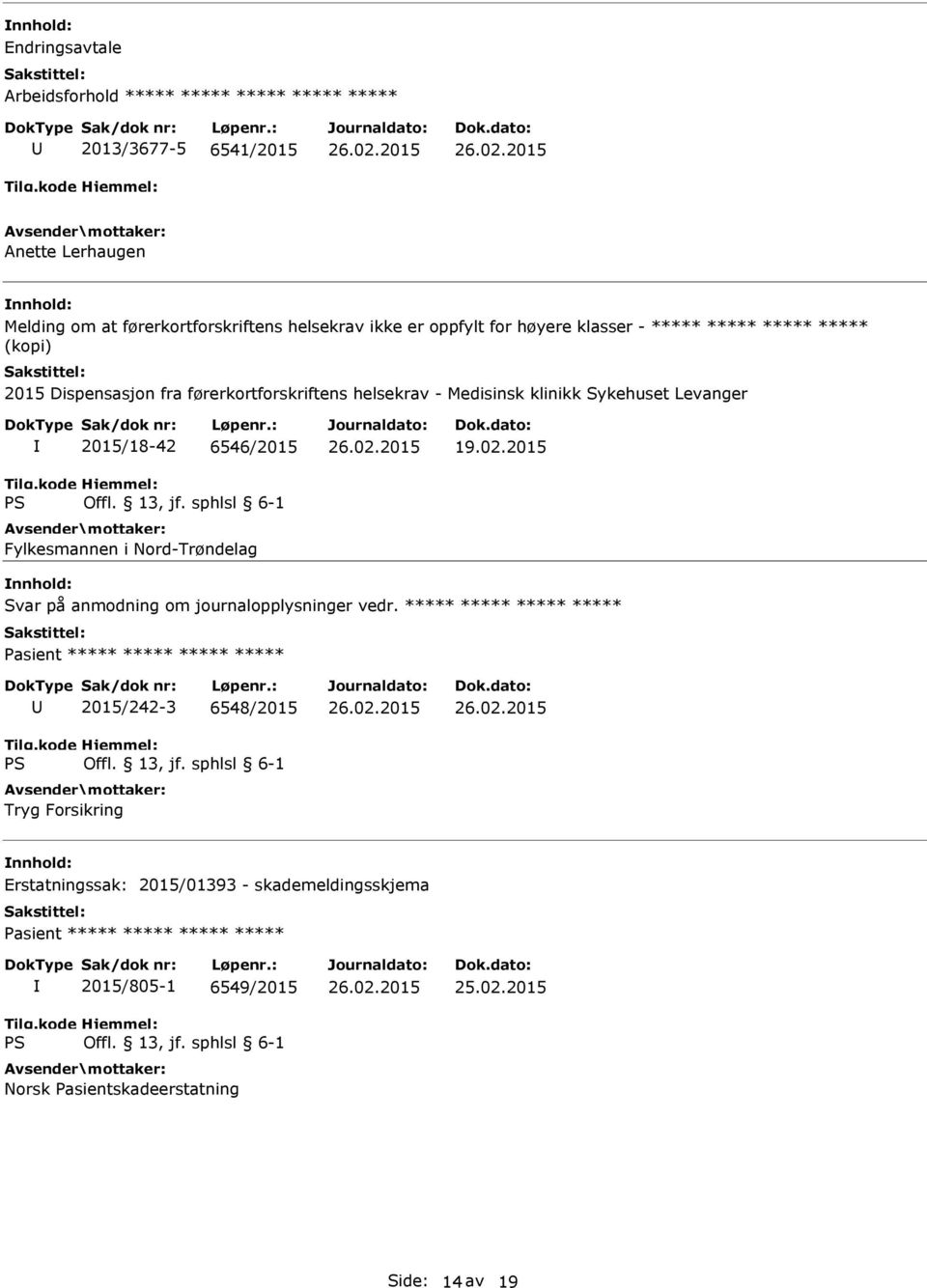 Nord-Trøndelag 19.02.2015 Svar på anmodning om journalopplysninger vedr.