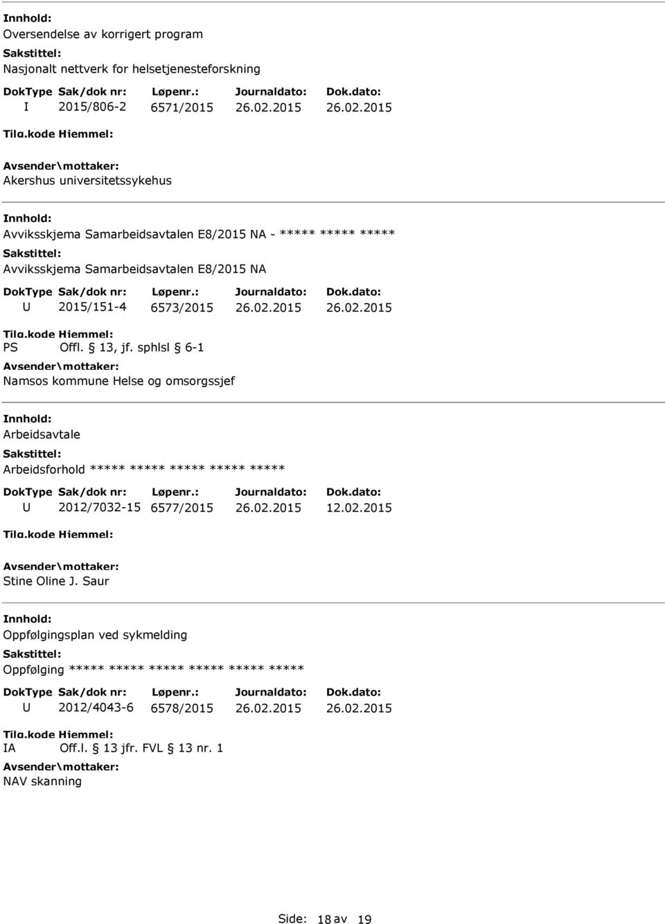 2015/151-4 6573/2015 Namsos kommune Helse og omsorgssjef Arbeidsavtale 2012/7032-15 6577/2015 12.02.2015 Stine Oline J.