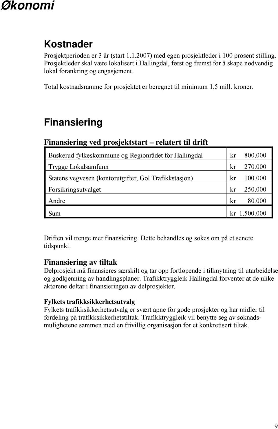 Finansiering Finansiering ved prosjektstart relatert til drift Buskerud fylkeskommune og Regionrådet for Hallingdal kr 800.000 Trygge Lokalsamfunn kr 270.