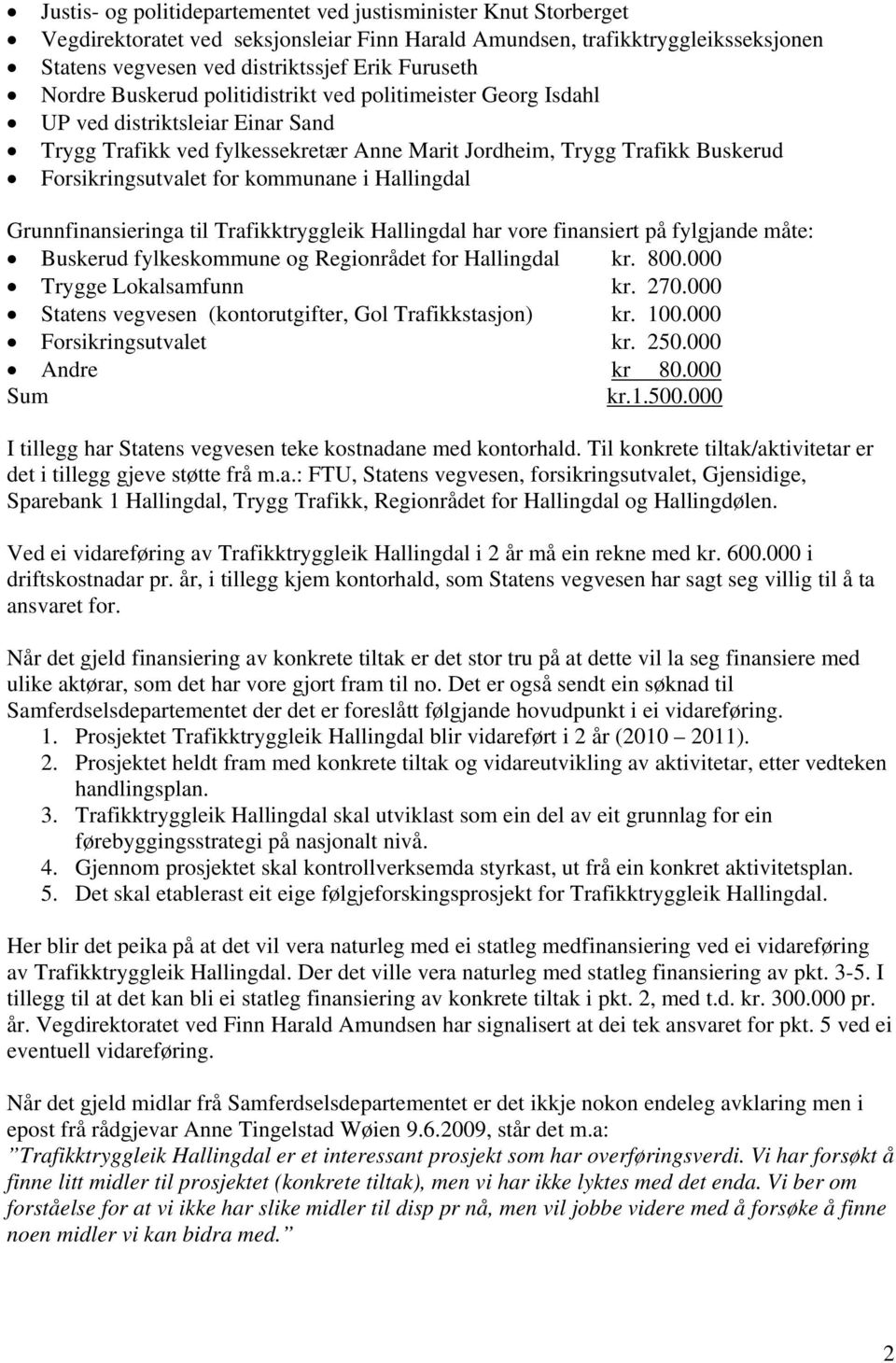 kommunane i Hallingdal Grunnfinansieringa til Trafikktryggleik Hallingdal har vore finansiert på fylgjande måte: Buskerud fylkeskommune og Regionrådet for Hallingdal kr. 800.