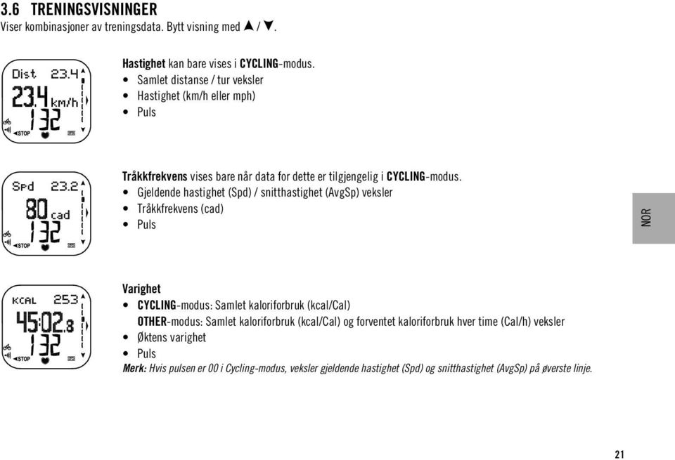 Gjeldende hastighet (Spd) / snitthastighet (AvgSp) veksler Tråkkfrekvens (cad) Puls NOR Varighet CYCLING-modus: Samlet kaloriforbruk (kcal/cal) OTHER-modus: