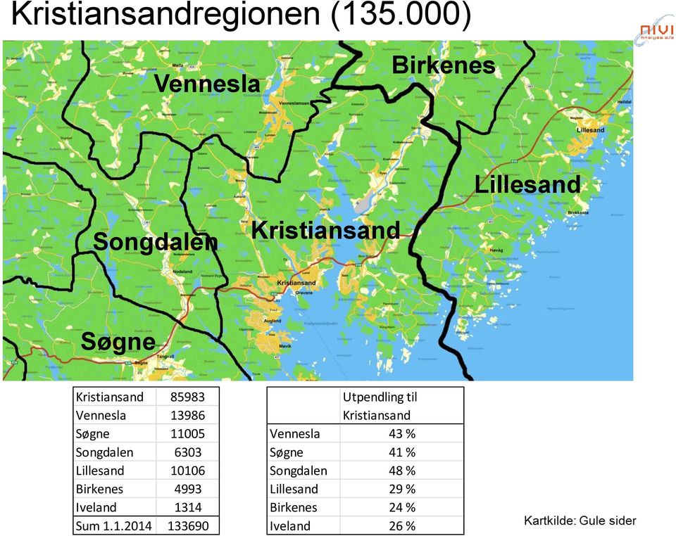 Vennesla 13986 Søgne 11005 Songdalen 6303 Lillesand 10106 Birkenes 4993 Iveland