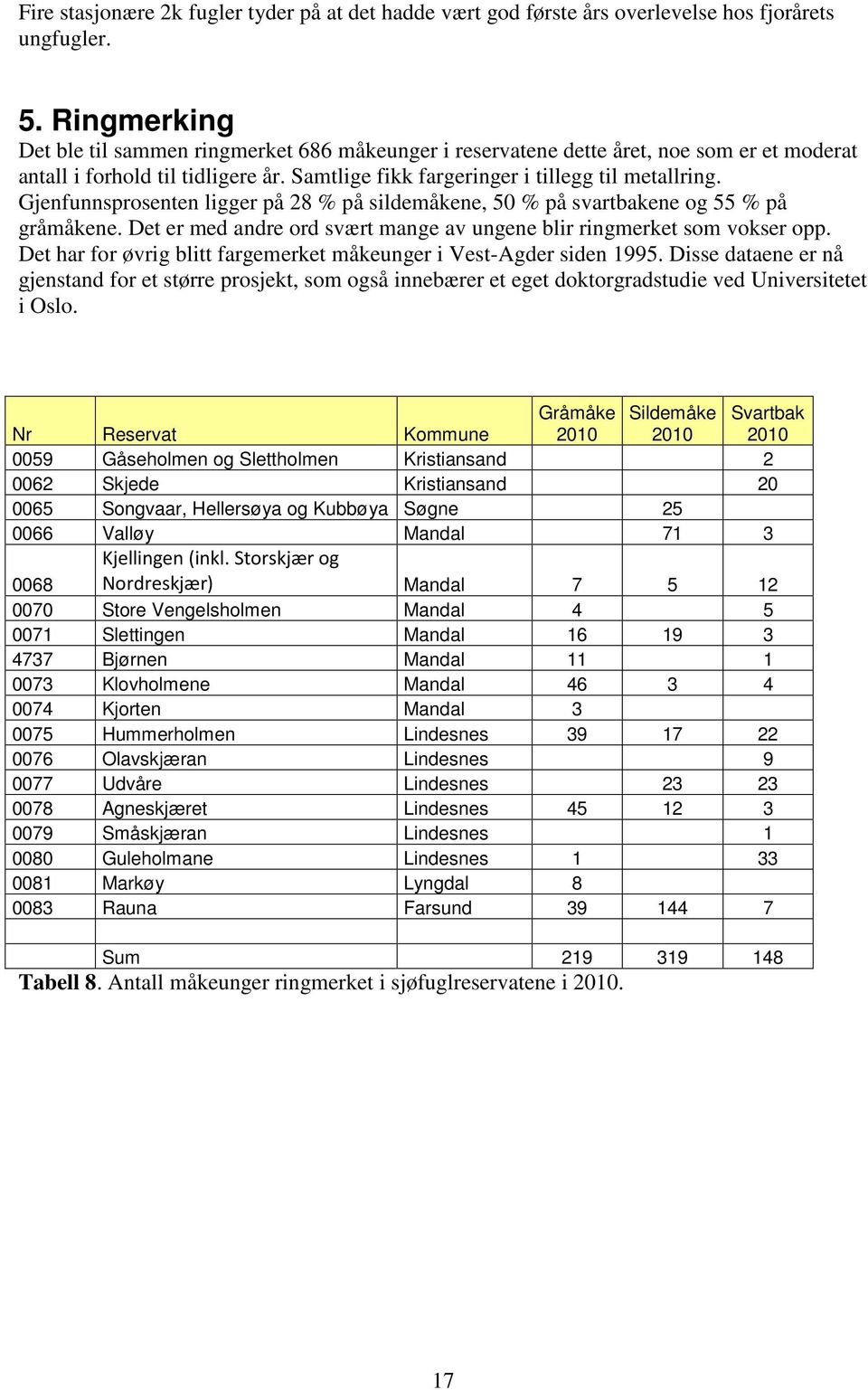 Gjenfunnsprosenten ligger på 28 % på sildemåkene, 50 % på svartbakene og 55 % på gråmåkene. Det er med andre ord svært mange av ungene blir ringmerket som vokser opp.