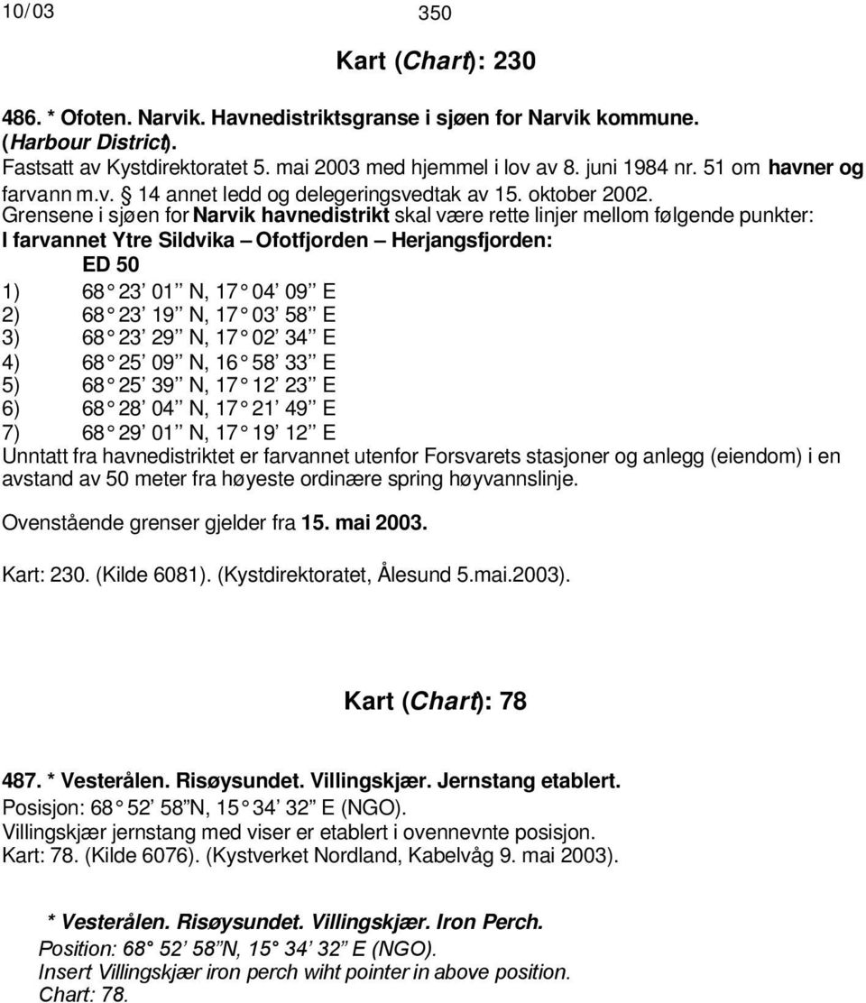 Grensene i sjøen for Narvik havnedistrikt skal være rette linjer mellom følgende punkter: I farvannet Ytre Sildvika Ofotfjorden Herjangsfjorden: ED 50 1) 68 23 01 N, 17 04 09 E 2) 68 23 19 N, 17 03