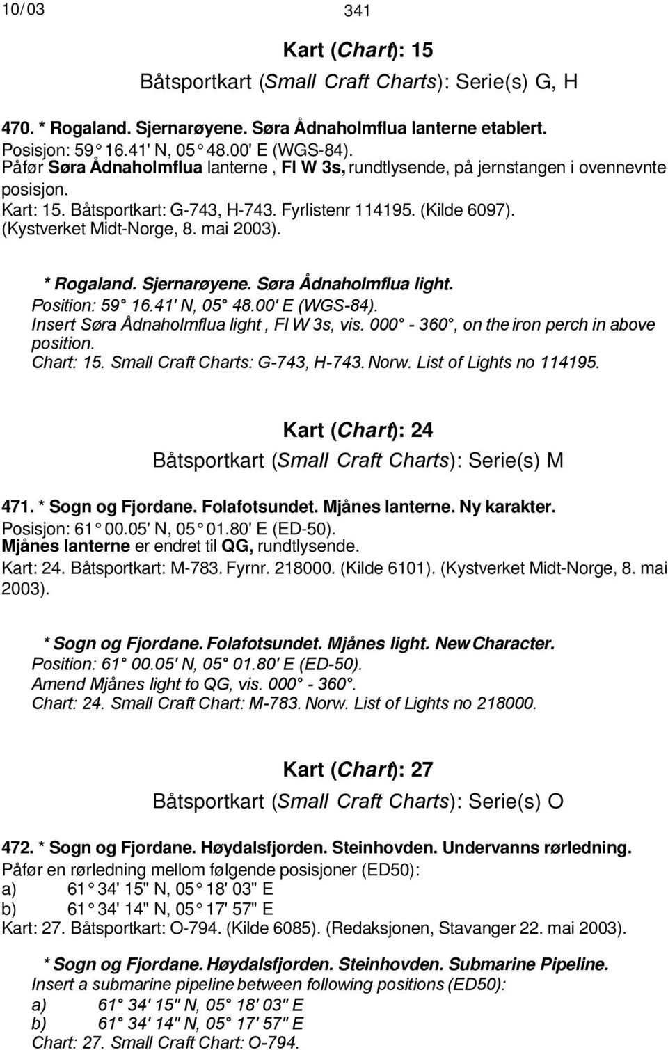 mai 2003). * Rogaland. Sjernarøyene. Søra Ådnaholmflua light. Position: 59 16.41' N, 05 48.00' E (WGS-84). Insert Søra Ådnaholmflua light, Fl W 3s, vis. 000-360, on the iron perch in above position.