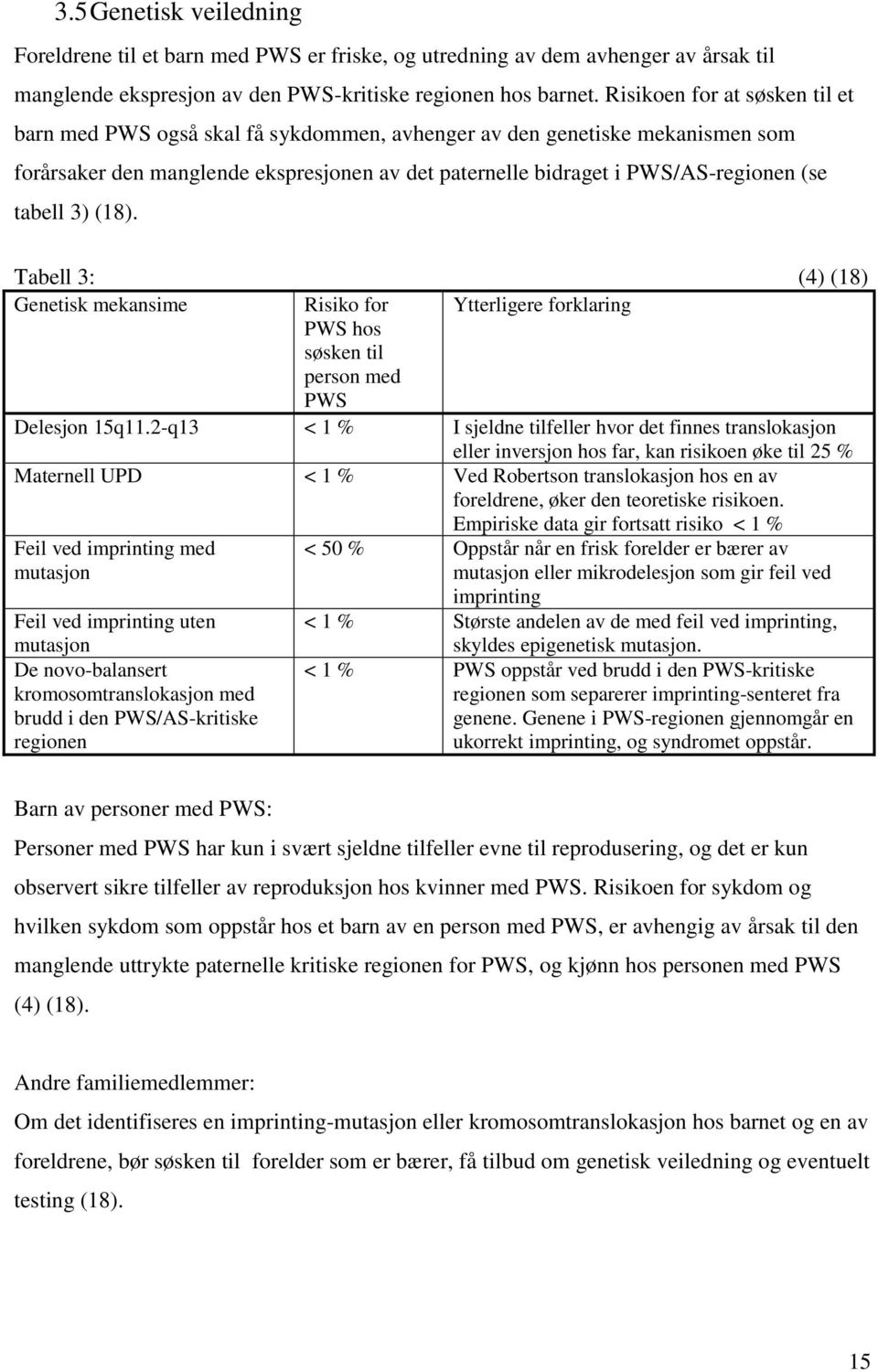 tabell 3) (18). Tabell 3: (4) (18) Genetisk mekansime Risiko for Ytterligere forklaring PWS hos søsken til person med PWS Delesjon 15q11.