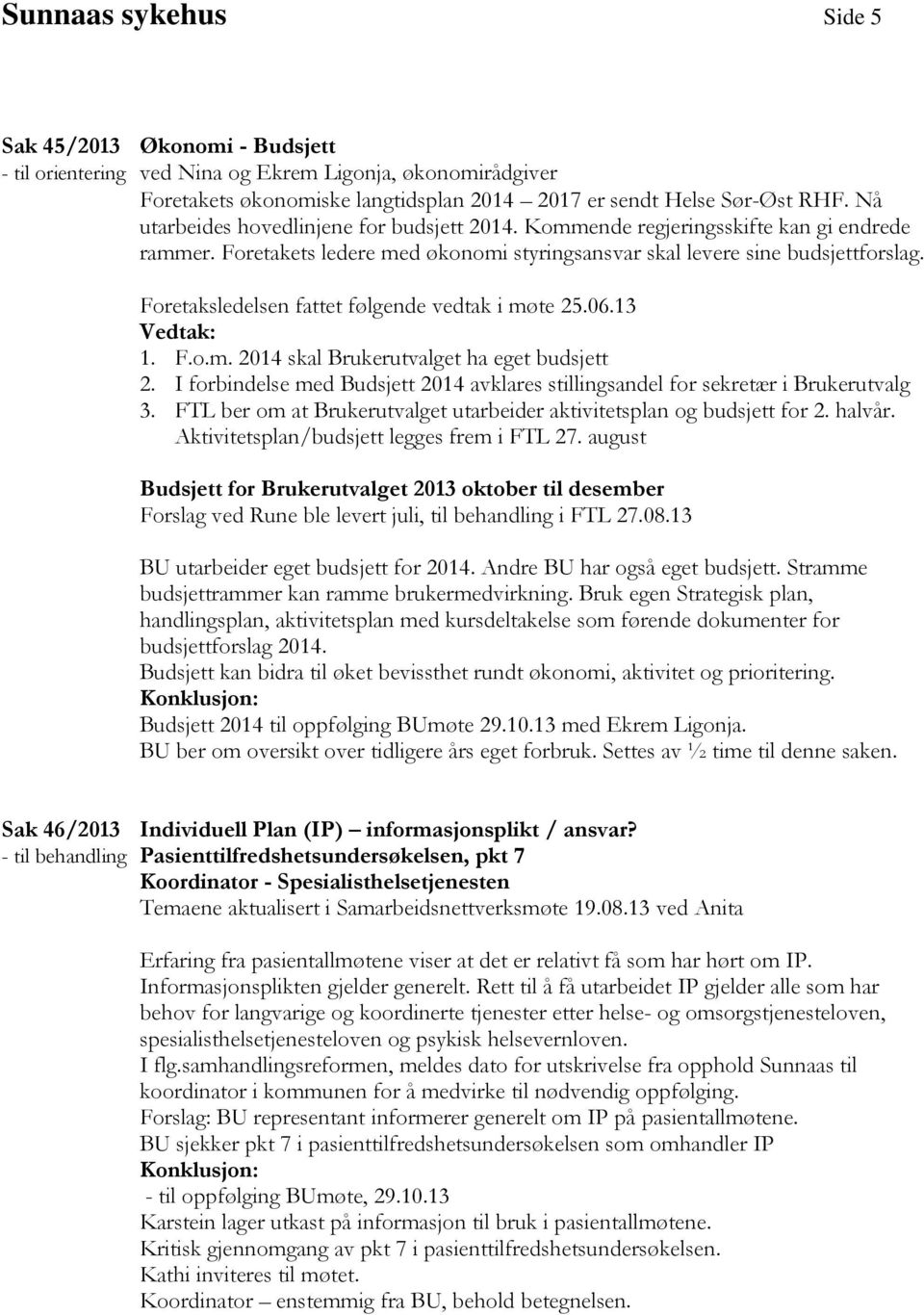 Foretaksledelsen fattet følgende vedtak i møte 25.06.13 Vedtak: 1. F.o.m. 2014 skal Brukerutvalget ha eget budsjett 2.