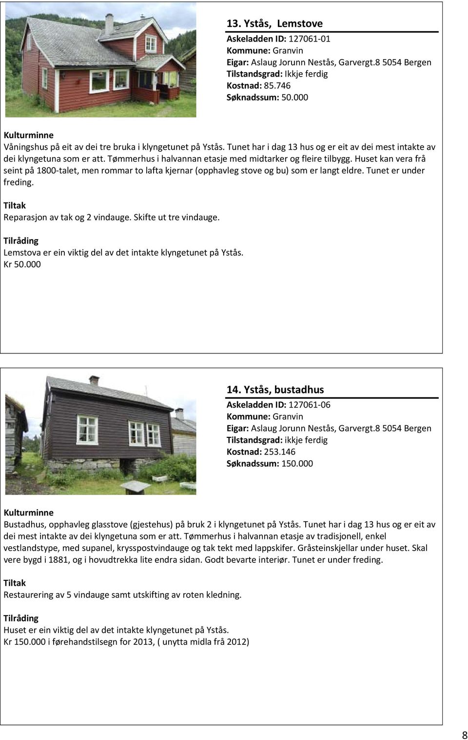 Tømmerhus i halvannan etasje med midtarker og fleire tilbygg. Huset kan vera frå seint på 1800 talet, men rommar to lafta kjernar (opphavleg stove og bu) som er langt eldre. Tunet er under freding.