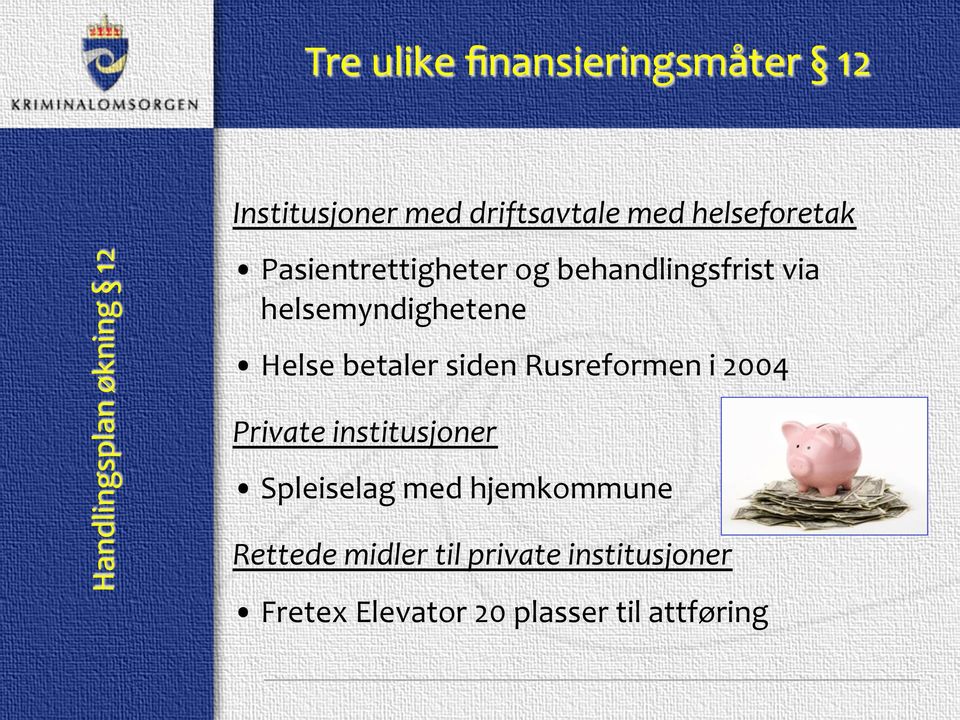 Helse betaler siden Rusreformen i 2004 Private institusjoner Spleiselag med