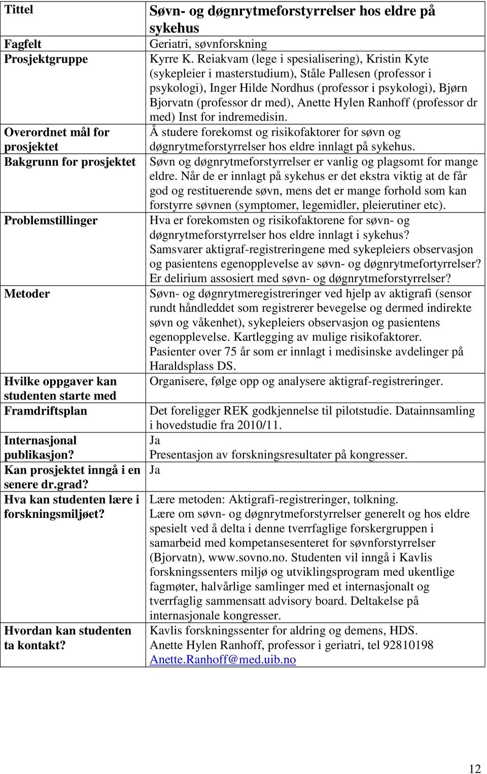 Anette Hylen Ranhoff (professor dr med) Inst for indremedisin. Å studere forekomst og risikofaktorer for søvn og døgnrytmeforstyrrelser hos eldre innlagt på sykehus.