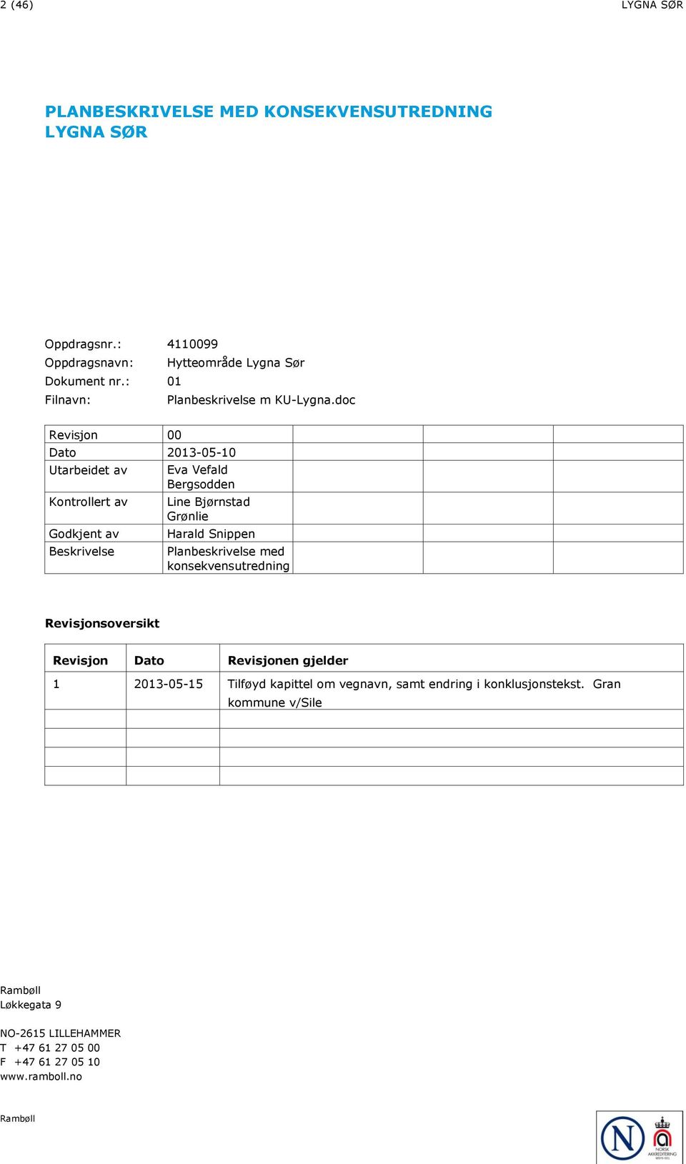 doc Revisjon 00 Dato 2013-05-10 Utarbeidet av Kontrollert av Godkjent av Beskrivelse Eva Vefald Bergsodden Line Bjørnstad Grønlie Harald Snippen