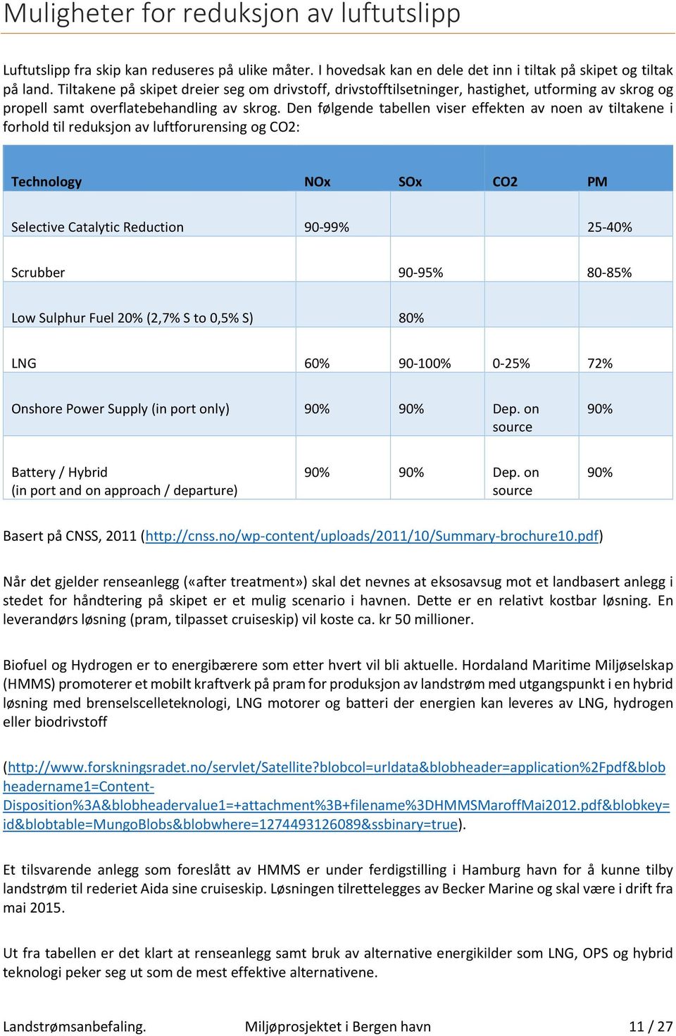 Den følgende tabellen viser effekten av noen av tiltakene i forhold til reduksjon av luftforurensing og CO2: Technology NOx SOx CO2 PM Selective Catalytic Reduction 90-99% 25-40% Scrubber 90-95%