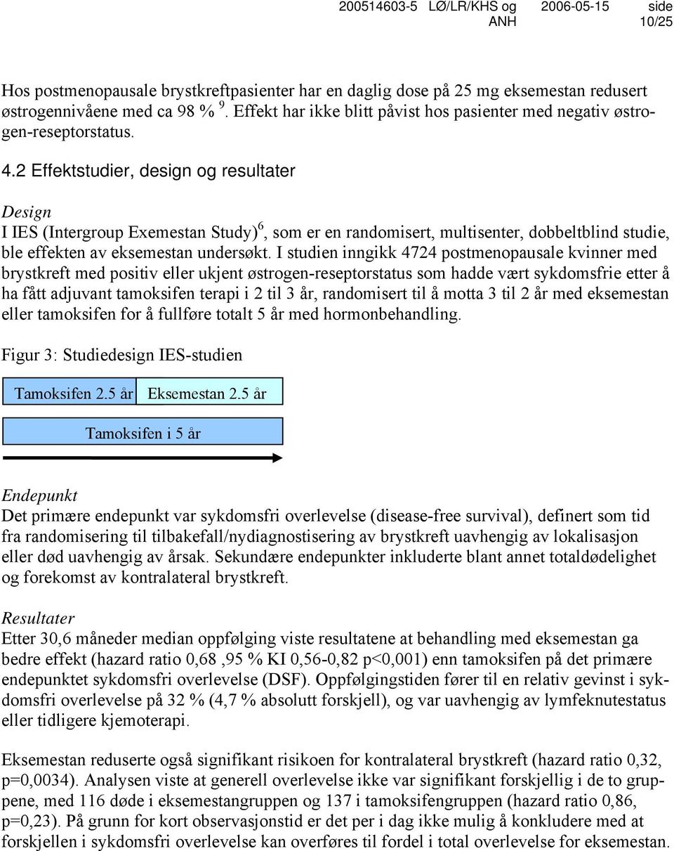 2 Effektstudier, design og resultater Design I IES (Intergroup Exemestan Study) 6, som er en randomisert, multisenter, dobbeltblind studie, ble effekten av eksemestan undersøkt.