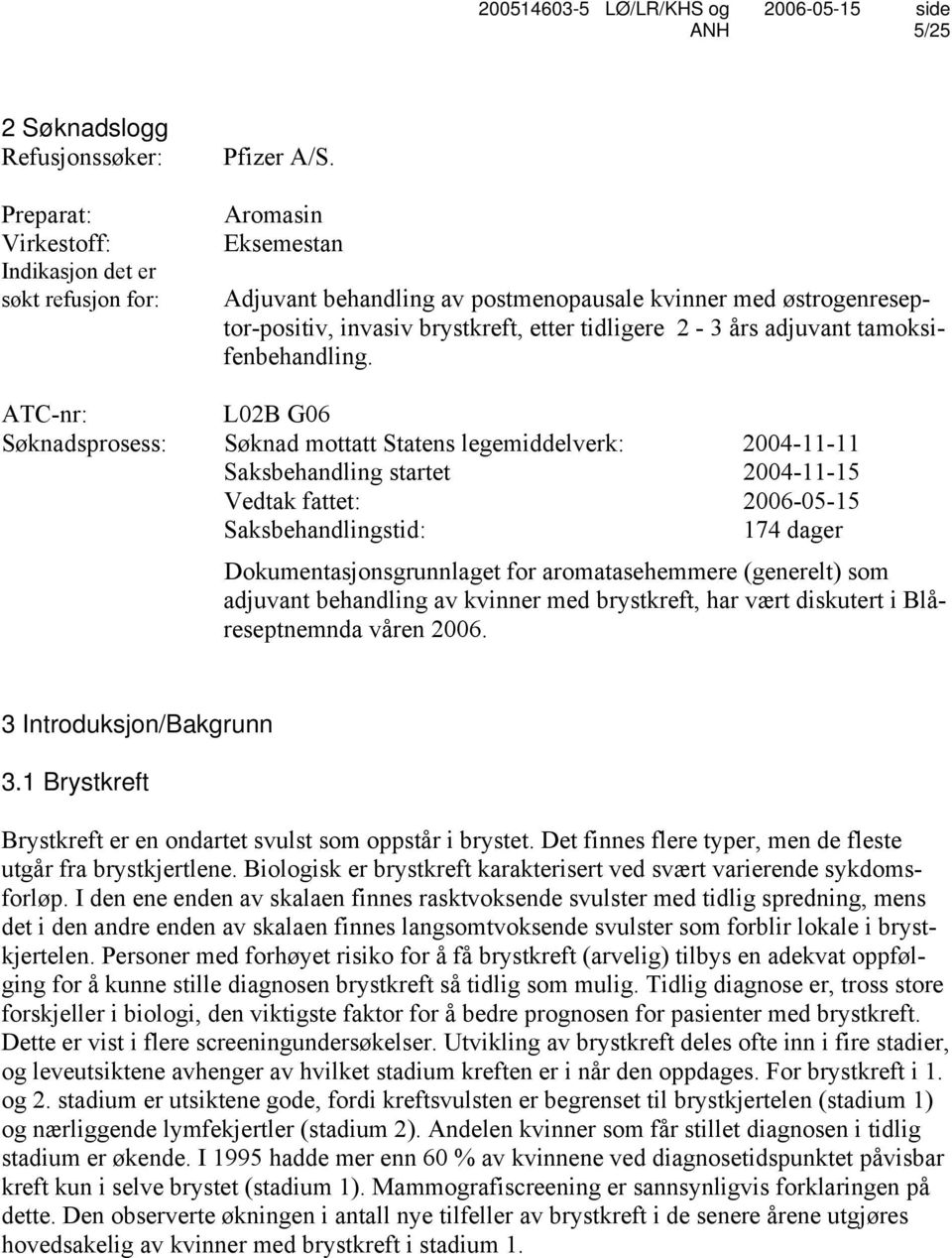 ATC-nr: L02B G06 Søknadsprosess: Søknad mottatt Statens legemiddelverk: 2004-11-11 Saksbehandling startet 2004-11-15 Vedtak fattet: 2006-05-15 Saksbehandlingstid: 174 dager Dokumentasjonsgrunnlaget