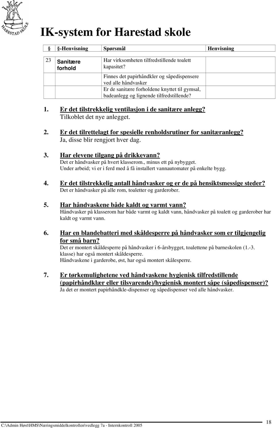 Er det tilstrekkelig ventilasjon i de sanitære anlegg? Tilkoblet det nye anlegget. 2. Er det tilrettelagt for spesielle renholdsrutiner for sanitæranlegg? Ja, disse blir rengjort hver dag. 3.